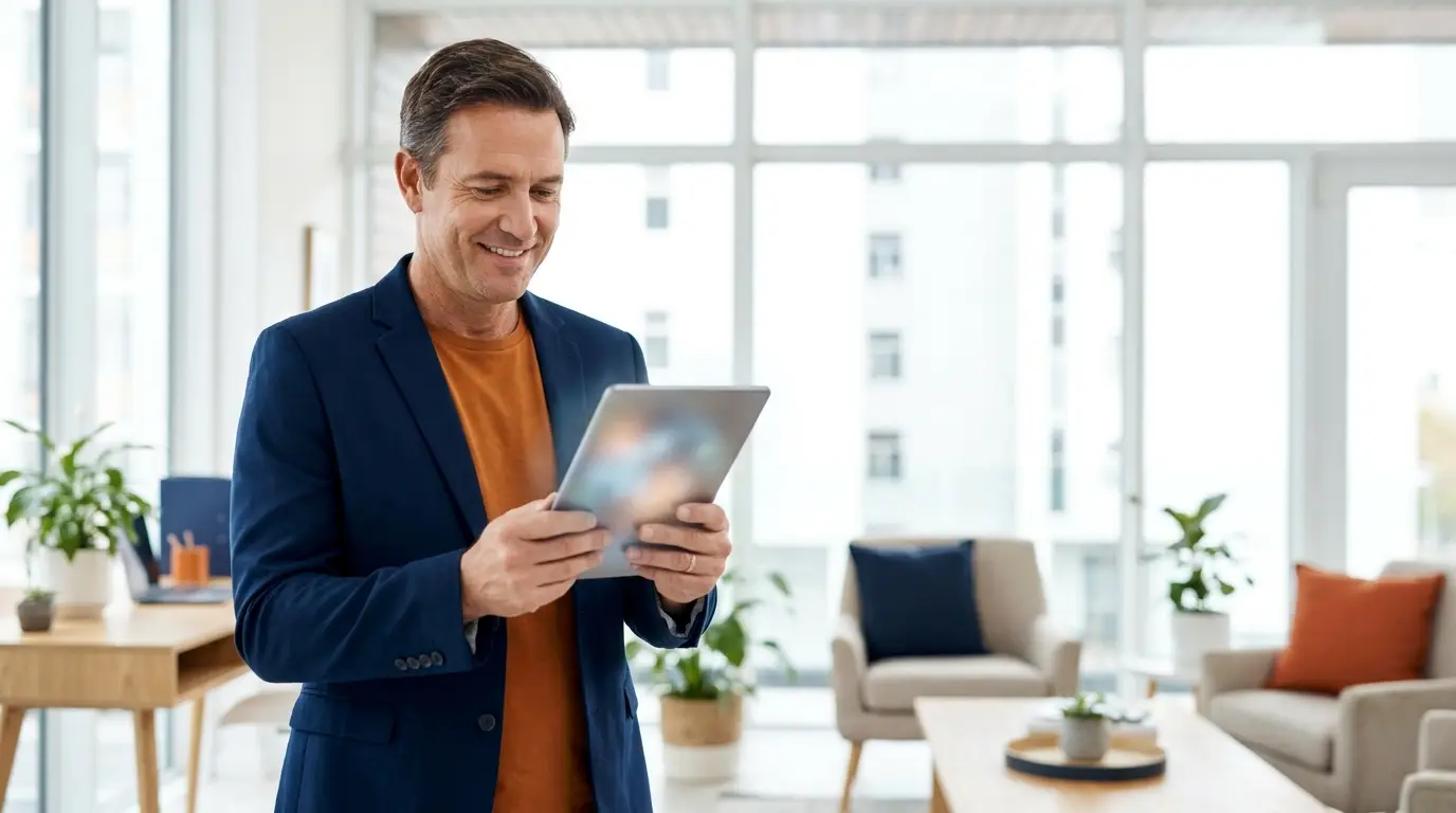 Ondernemer bekijkt nieuwe zakelijke leads op een tablet